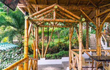 Bamboo building Construction details. Close up of bamboo structure and joints. Natural plant. Renewable material. Shot in Montanita, Ecuador.