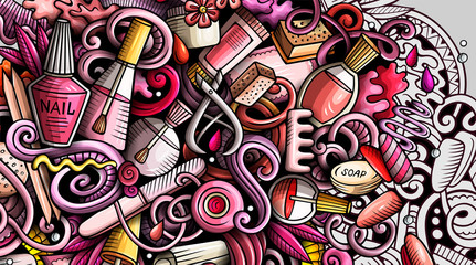 Nail salon hand drawn doodle banner. Cartoon detailed illustrations.