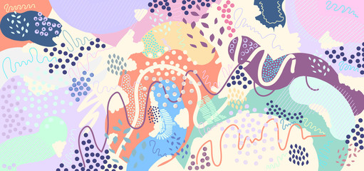 Fototapeta na wymiar Artistic header with flowers and leaves. Graphic design. Hand drawn texture.