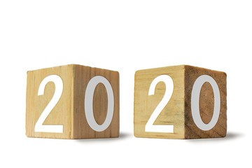 concept wood cube calendar 2020 on white background.