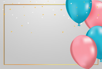 Blue and pink balloons with golden frame, Vector Illustration