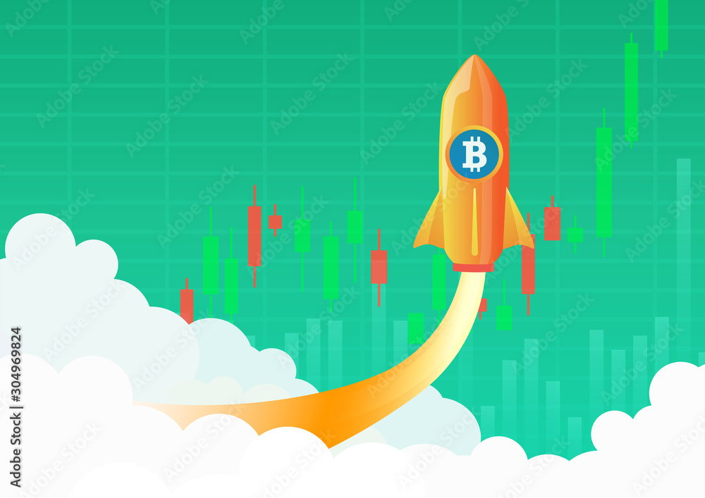 Poster bitcoin cryptocurrency concept. hot temperature rocket with bitcoin symbol flying up. green crypto m