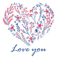 Heart of flowers vector text love you inscription greeting card wedding anniversary