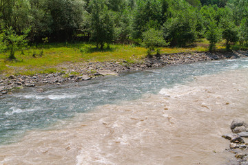 Different colors of water flow in the river. The temperature differences of the water create the separation.