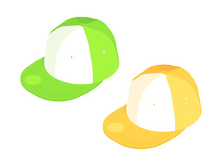 Green and yellow baseball caps. Vector isometric cap icon isolated on white background