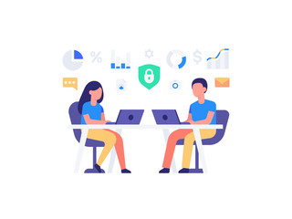 People working at the computers. Man and woman sitting at workplaces