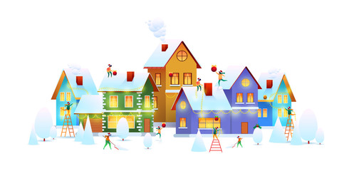 Vector winter city people decorate house christmas