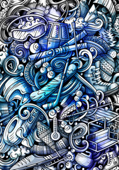 Winter sport hand drawn doodle background. Cartoon detailed illustration