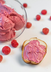 Pink cherry cream for cake. Sweet cream in glass bowl. Confectionery, sweet life, calories.