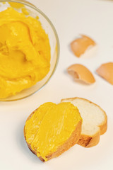 Sweet cream with egg liqueur. Sweet cream in glass bowl. Confectionery, sweet life, calories.