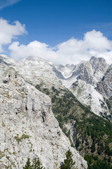 Fototapeta na wymiar View of summit Jezerca in Albanian Alps from Valbona Pass during hike from Theth to Valbona