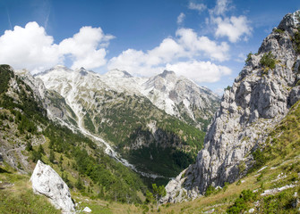 Fototapeta na wymiar View of summit Jezerca in Albanian Alps from Valbona Pass during hike from Theth to Valbona