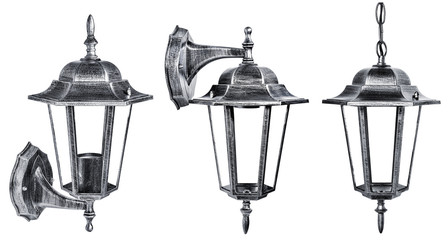 set of isolated classic street lamp. ceiling and wall munted lantern
