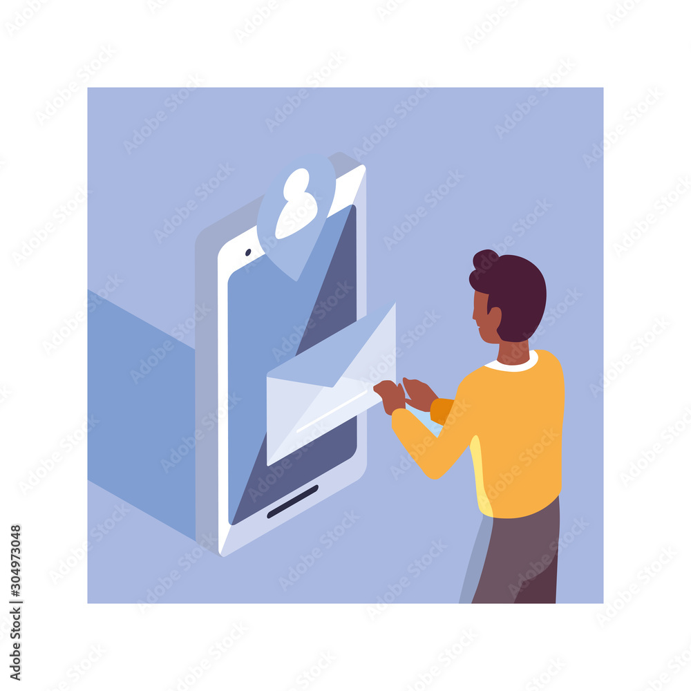 Poster man with smartphone screen and mobile applications