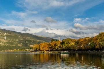 The lake of Ioannina in a colorfull autumn day, Epirus, Greece