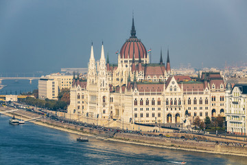 Fototapeta na wymiar Hungarian Parliament building aerial view and Danube river embankment