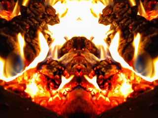 Fascinating primeval appeal of fire and symmetry: a fantastic animal, a fiery monster, a...