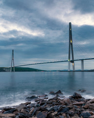 Evening view of long cable-stayed bridge in Vladivostok, Russia