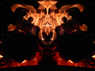 Fascinating primeval appeal of fire and symmetry: a fantastic animal, a fiery monster, a fire-breathing dragon. Direct and mirror photo of burning firewood in a firebox.