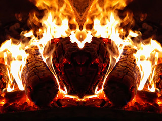 Fascinating primeval appeal of fire and symmetry: a fantastic animal, a fiery monster, a fire-breathing dragon. Direct and mirror photo of burning firewood in a firebox.