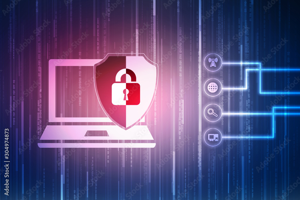 Poster 2d rendering laptop with shield      
