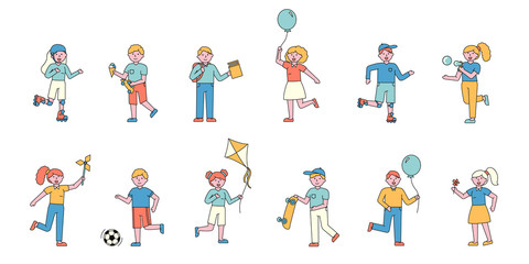 Children having fun flat charers set. Smiling people with balloons cartoon illustrations. Playing football. Kid roller skating, eating ice cream. Happy childhood ivities, outdoor recreation