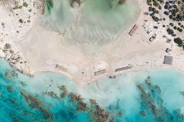 Wall murals Elafonissi Beach, Crete, Greece Aerial drone shot of beautiful turquoise beach with pink sand Elafonisi Crete Greece. Best beaches of Mediterranean