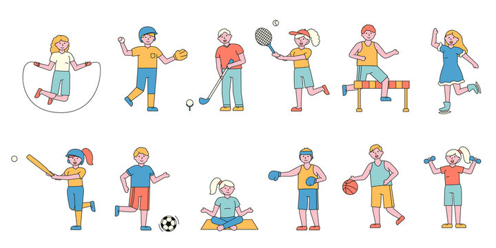 Sportsmen flat charers set. People doing sports cartoon illustrations pack. Training, exercising. Baseball, tennis, basketball players. Active lifestyle fans. Woman skating, pricing yoga