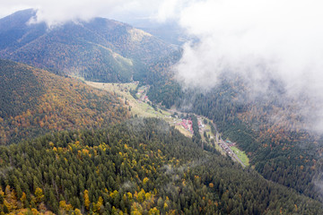Drone shot of beautiful forest lake Carpathians Synevir Ukraine