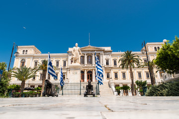 Fototapeta na wymiar Town hall at the capital of Syros island, Ermoupoli at Cyclades, Greece