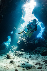 Naklejka na ściany i meble woman diver visiting underwater cave in the Red Sea, egypt, Shaab Claude