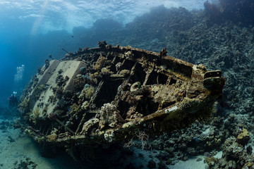 divers visiting an underwater wreck of a metal sailboat on a reef in the Rea Sea, Egypt