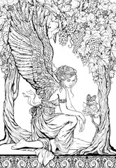 Coloring page of portrait of a girl angel decorated floral elements