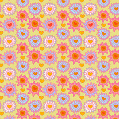 Background of red hearts on a yellow background.