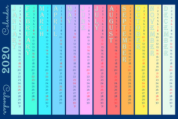 Rainbow vertical wall calendar 2020 design, english language. Sunday and saturday are highlighted in red. Multicolored vector template, 10 EPS for web, print, banner, bookmark, poster