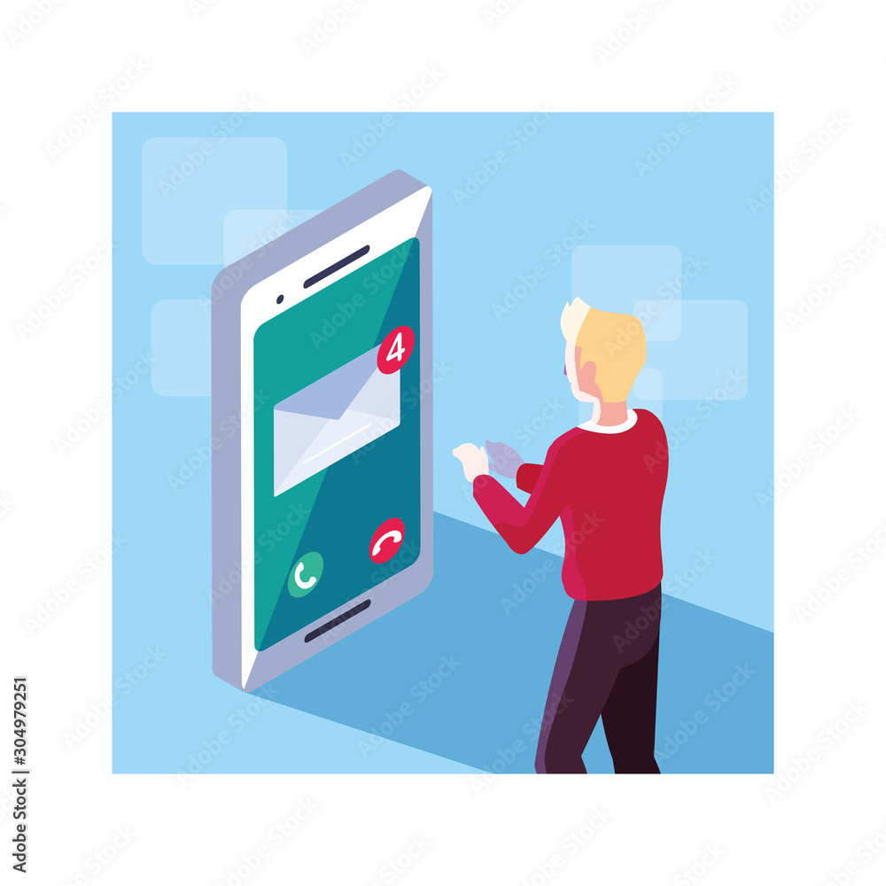 Poster man with smartphone screen and mobile applications