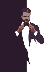 Abstract watercolor draw of stylish male bearded man in a suit and bow tie,  background empty space . Color vector print. Fashion  - 304979643