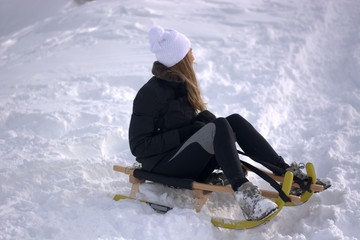 Fototapeta na wymiar the girl has fun on the sled