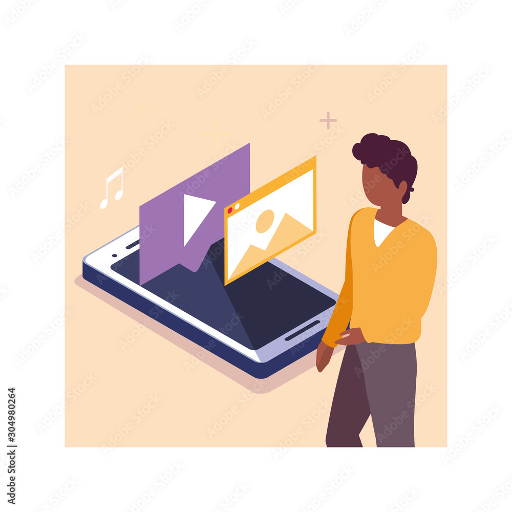 Poster man with smartphone screen and mobile applications