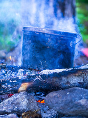 Bowler Sasha at the stake, Cooking food at the stake outdoors scene