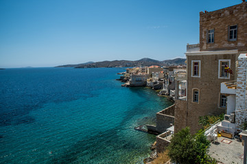 Vaporia area in Syros island main capital, Ermoupoli, also known as little venice at summer time, Syros is located in Cyclades, Greece