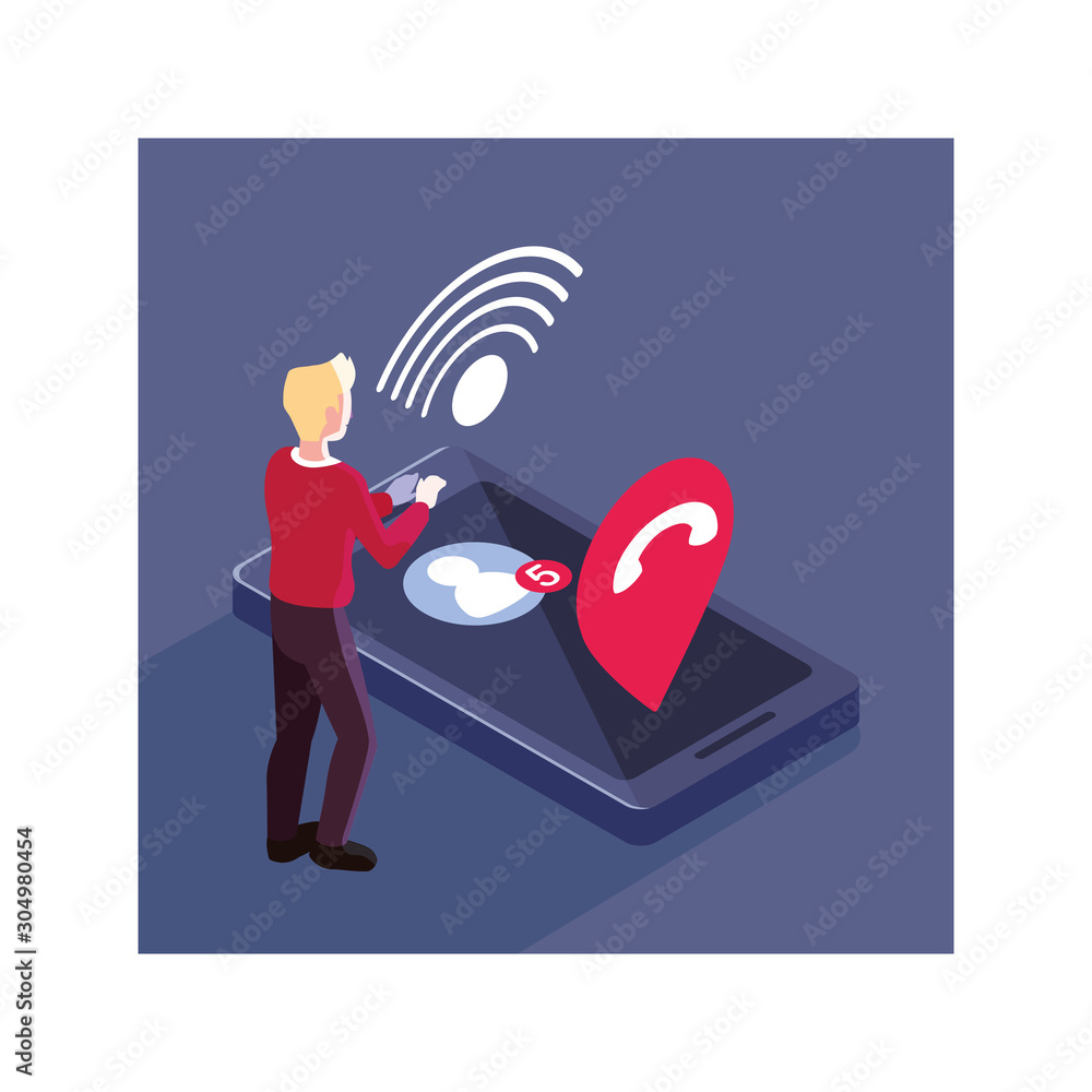 Poster man with smartphone screen and mobile applications