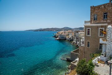 Vaporia area in Syros island main capital, Ermoupoli, also known as little venice at summer time, Syros is located in Cyclades, Greece