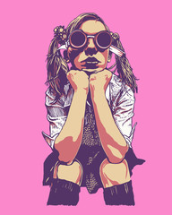 Girl In Cyberpunk Dark Round Glasses. Hand Drawn Character. Vector Illustration