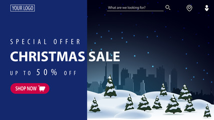 Fototapeta na wymiar Special offer, Christmas sale, up to 50% off, beautiful blue modern discount banner for website with beautiful winter landscape on background and blue curtain for text
