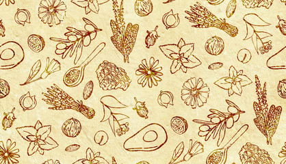  Seamless pattern of ingredients for natural cosmetics. Avocado, oil nuts, calendula, honey, lavender, eucalyptus, sea salt, sage on a paper background
