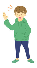 手を振るパーカーの男性