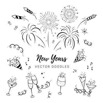 Fun hand drawn New Years Party doodles - firework, paper streamers, cocktails and rockets , great for banners, wallpapers, textiles, wrapping - vector design