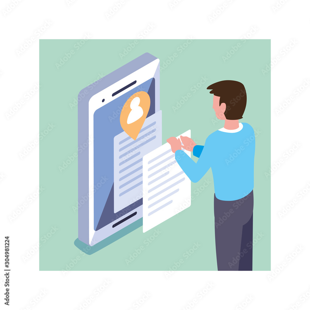 Poster man with smartphone screen and mobile applications