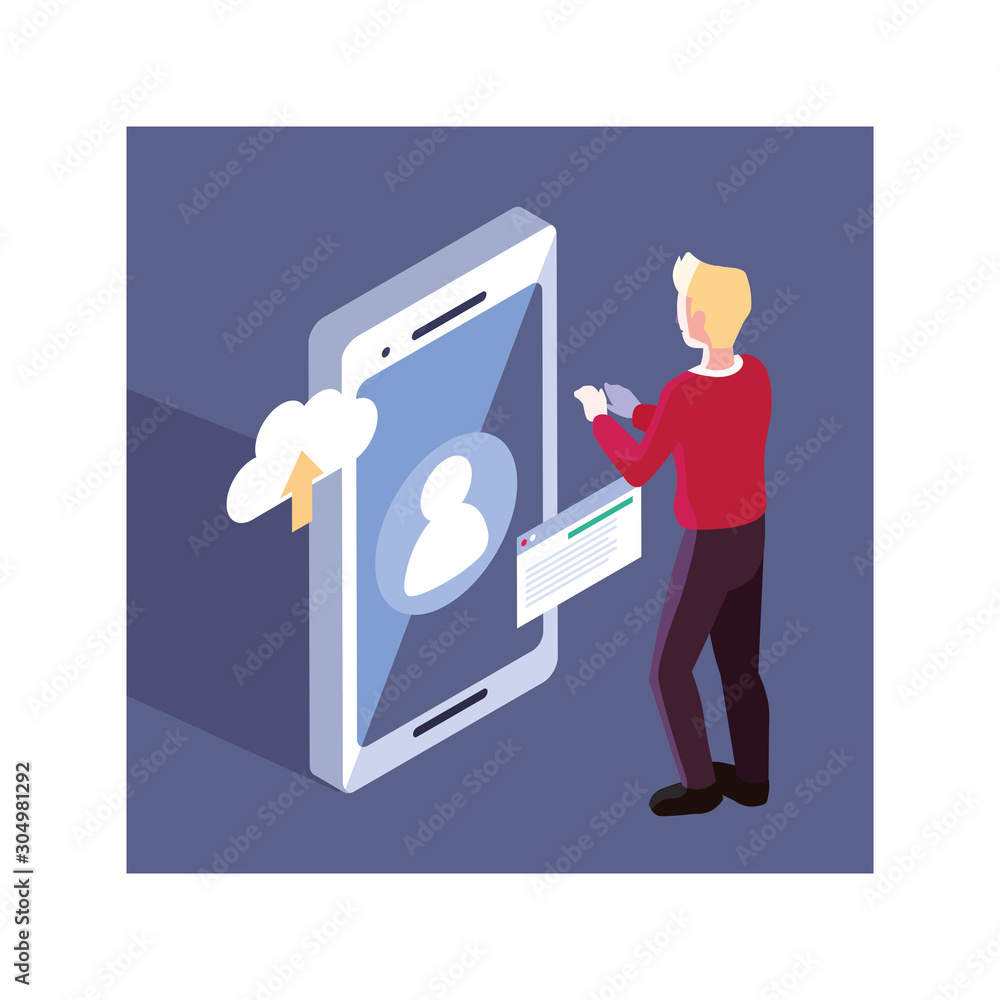 Poster man with smartphone screen and mobile applications